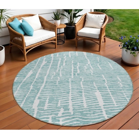 Homeroots 8' Teal Blue And Ivory Round Abstract Washable Indoor Outdoor Area Rug 588518