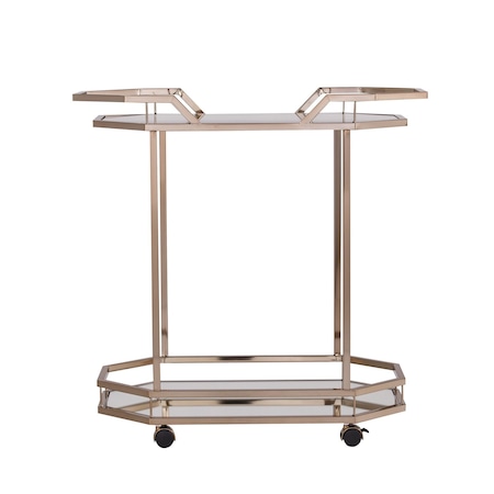 Homeroots 31in Champagne Iron and Mirrored Glass Octagonal Rolling Bar Cart 402583