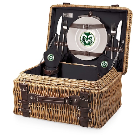 Picnic Time Family Of Brands NCAA Colorado State Rams Champion Picnic Basket for 2, Large Wicker Picnic Set 208-40-179-134-0
