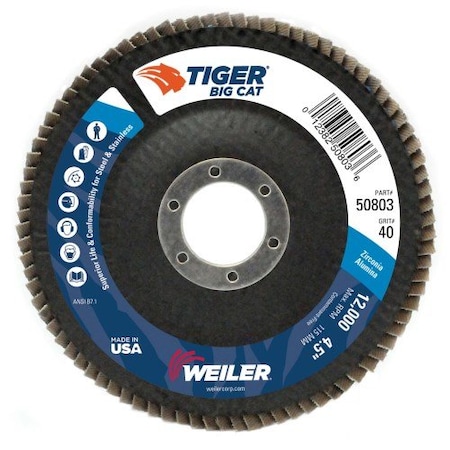 Weiler Coated Abrasive Flap Disc, 4 1/2 in dia. 50803