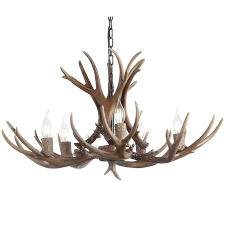 Jonathan Y Eldora 30" 5-Light Rustic Farmhouse Adjustable Resin Antler LED Chandelier, Brown JYL6300A