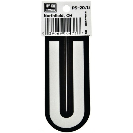 Hy-Ko Reflective Letter, Character: U, 3-1/4 in H Character, Black/White Character, Vinyl PS-20/U