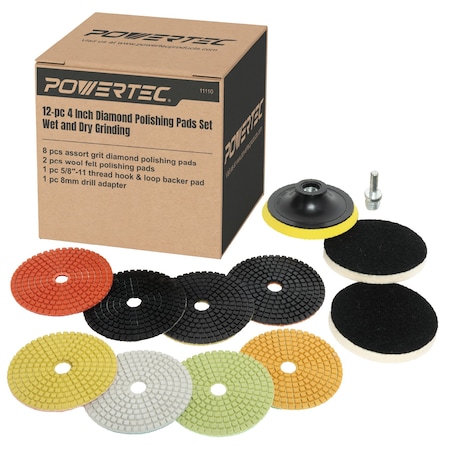 Powertec 4in Diamond Polishing Pads w/ 10pcs 50 - 6000 Grit Polishing Pad and 5/8in-11 Backer Pad for Drill 11110N