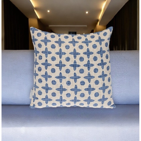 Homeroots 18" Beige and Blue Geometric Cotton Throw Pillow 529307