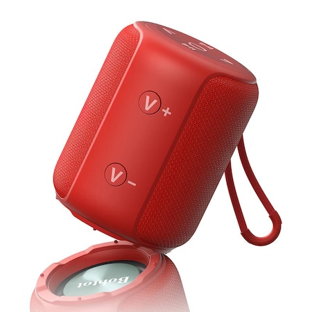 Bobtot Portable Bluetooth Speaker, Red, 10W sound, 12H battery IPX6 waterproof, TWS pairing, RGB lights 803788