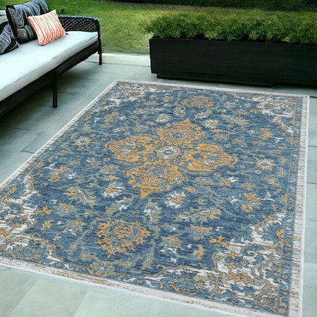 Homeroots 5' X 7' Blue and Ivory Medallion Stain Resistant Indoor Outdoor Area Rug 548904