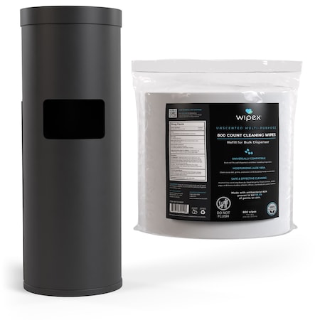 Wipex Plastic-Free Sanitizing Wipes 800ct Bundle, 1 Refill Roll + Black Floor Dispenser w/ Trash Can WX72208BFD1BZR