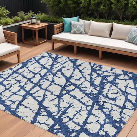 Homeroots 8' X 10' Navy Blue And Ivory Abstract Washable Indoor Outdoor Area Rug 614374