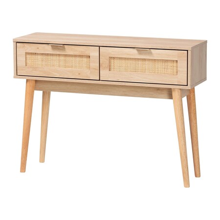 Baxton Studio Baird Mid-Century Modern Light Oak Brown Finished Wood and Rattan 2-Drawer Console Table 176-11250-Zoro