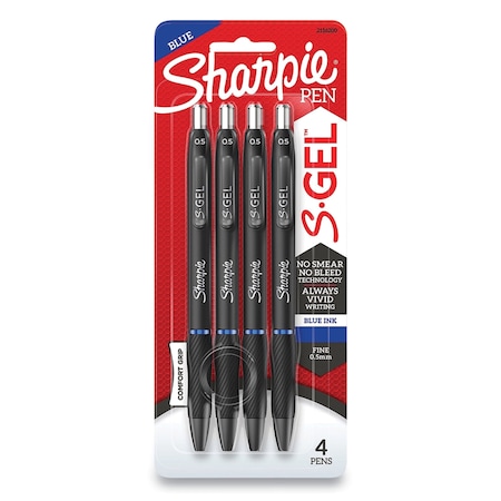Sharpie S-Gel High-Performance Gel Pen, Retractable, Fine 0.5 mm, Blue Ink, Black Barrel, 4PK 2116200