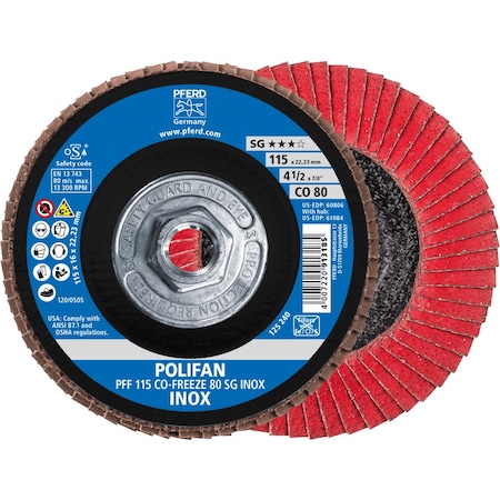 Pferd 4-1/2'' x 5/8-11 Thd. POLIFAN Flap Disc - CO-FREEZE SG INOX, Ceramic oxide, 80 Grit, Flat 61084
