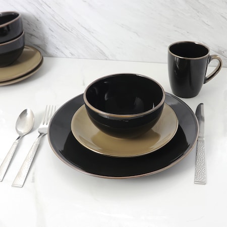 Elama Cambridge Grand 16-Piece Dinnerware Set in Black and Warm Taupe with Complete Setting for 4 EL-CAMBRIDGEGRAND