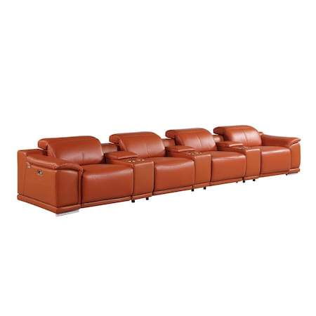 Homeroots 175" Camel Italian Leather Reclining Metal USB Sofa 720413