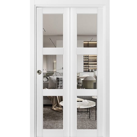 Sartodoors Sliding Closet Bi-fold Doors, Lucia 2555 White Silk with Clear Glass, Sturdy Tracks Moldings Trims LUCIA2555BF-WS-72 x 80 (2* 36x80)