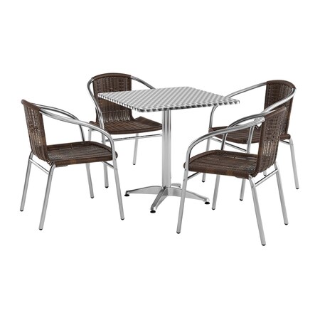 Flash Furniture Square Table Set, Aluminum, Plastic, Rattan, Stainless Steel, Grey TLH-ALUM-28SQ-020CHR4-GG