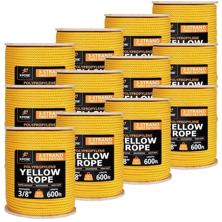 Xpose Safety 3/8in x 600 ft Twisted Polypropylene Rope, Yellow, 12PK YPR38-600-12-X