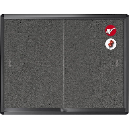 Mastervision Enclosed Locking Sliding Doors Bulletin Board, Wall Mount, 38"x45", Gray Fabric, Black Frame VT640103717