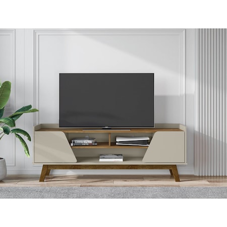 Manhattan Comfort Mid-Century Modern Marcus 62.99 TV Stand with Solid Wood Legs in Greige and Nature 260BMC10