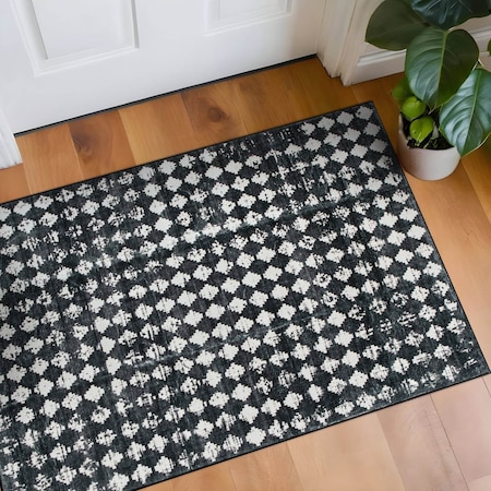 World Rug Gallery Geometric Distressed Abstract Washable Non Slip Area Rug 2 ft x 4 ft Black WR69BLACK2X4