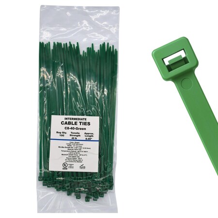 Cable Ties Unlimited Cable Tie, 8 in L, 40 lb Strength, 2.2 in Max Bundle Dia, Nylon 6/6, Green 100PK   C8-40-Green