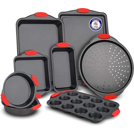 Bakkenmaster 8-Piece Baking Set, Non-Stick Black Coating, Carbon Steel, Red Silicone Handles, PFOA-Free BKB8SPS8