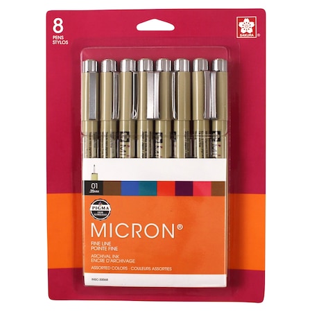 Sakura Pigma Micron Pens, Size 01, Assorted Colors, 8-Piece Set, Blister Card 30068