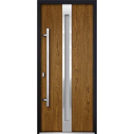 Vdomdoors Steel Door Deux 1744 Natural Oak Stainless Inserts Single Modern Painted 36x80 DEUX1744EXD-OAKW-W36xH80-RH-O