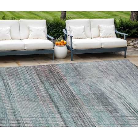Homeroots 9' X 12' Teal Blue Gray And Charcoal Striped Washable Indoor Outdoor Area Rug 588074