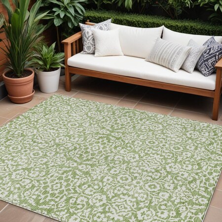 Homeroots 10' X 14' Green And Ivory Damask Washable Indoor Outdoor Area Rug 595144