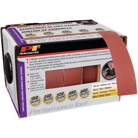 Performance Tool 5 pc. Emery Cloth Rolls, Assorted Grits, Dispenser Box, 1 in. x 20 ft. W3056