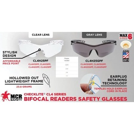Mcr Safety Checklite(R) CL4 Reader Safety Glasses, Clear Wraparound Frame, 1.0 Diopter, Clear Lens, Universal CL4H10PF
