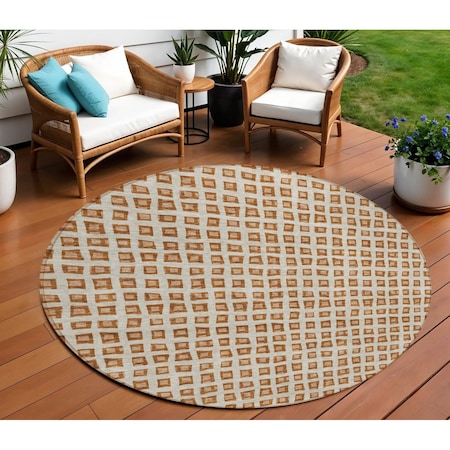Homeroots 8' Orange Beige And Copper Round Geometric Washable Indoor Outdoor Area Rug 583314