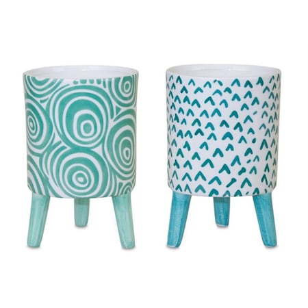 Homeroots Set of Two Aqua Teal And White Ceramic 2 Ounce Chevron Round Distressed Pot Planters, 2PK 517979