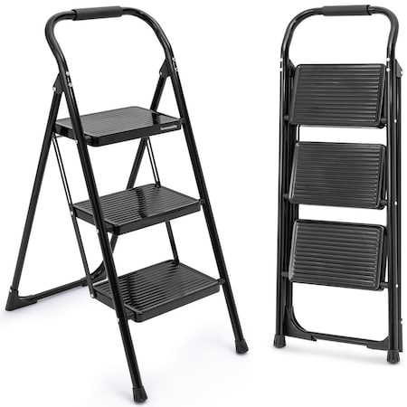 Serenelife 3-Step Ladder, Folding Step Stool for Adults, Wide Anti-Slip Pedal and Handrail, Sturdy Steel Build SLSTL3WH