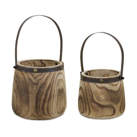 Homeroots Set of Two Natural Wood And Steel Bucket Pot Planters, 2PK 632615