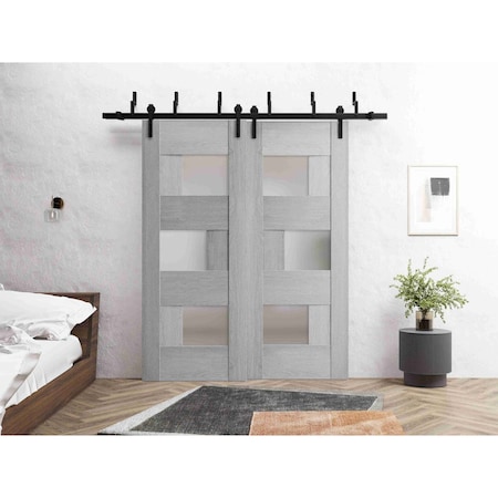 Vdomdoors Sliding Closet Barn Bypass Doors 84 x 96in, Light Grey Oak W/ Frosted Glass, Sturdy 8ft Rails SETE6933BBB-OAK-8496