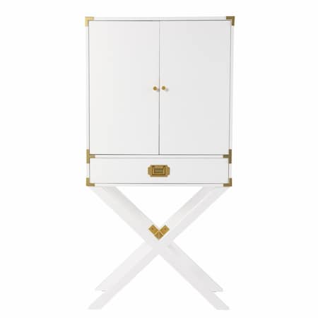 Homeroots 30in White Corner Display Stand With One Shelf And One Drawer 401687