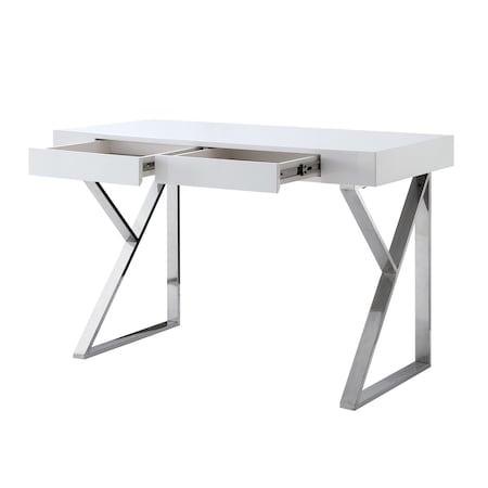 Homeroots 48" White and Silver Wood and Stainless Steel Writing Desk With Two Drawers 543745