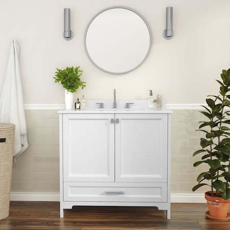 Flash Furniture Haven 36 Inch Bathroom Vanity w/Sink, Storage Cabinet w/Soft Close Doors and Bottom Drawer, White FS-BN-4-36-KD-WH-GG