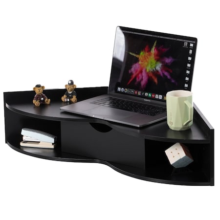 Basicwise Wall Mounted Folding Desk with Drawer and Two Shelves - Fold Down Floating Desk, Black QI004024.BK