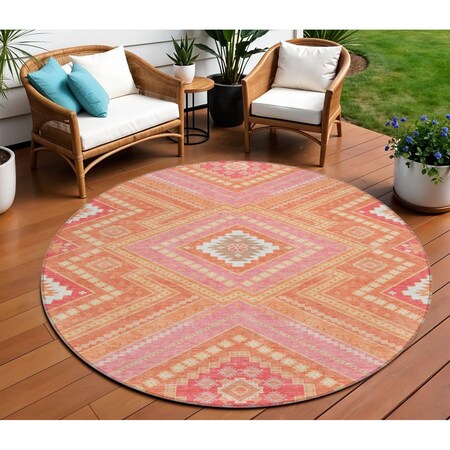 Homeroots 8' Coral Pink And Ivory Round Tribal Washable Indoor Outdoor Area Rug 598114