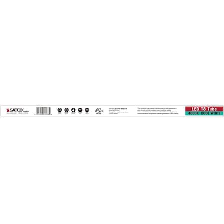 Satco 11 Watt, 4 Foot LED T8, Medium Bi Pin base 4000K 1800 Lumens Type A Ballast dependent S49936