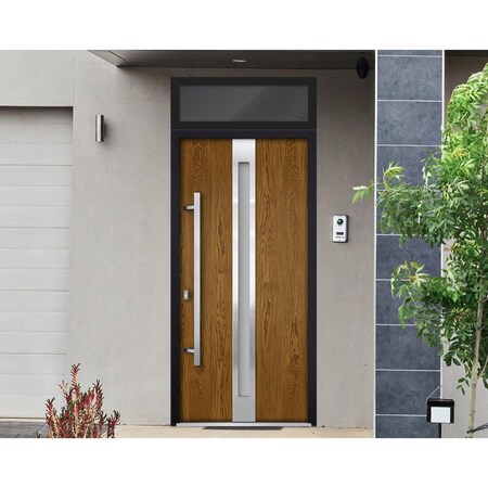 Vdomdoors Steel Door Deux 1744 Natural Oak Transom Black Window Stainless Inserts Single Modern Painted-W36xH DEUX1744EXD-OAKB-W36 x H80+16-Right-hand Inswing