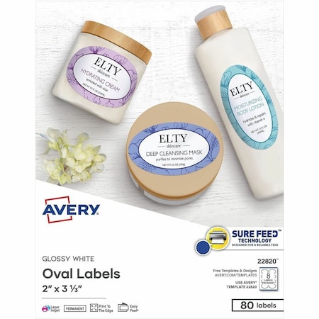 Avery Dennison Avery, OVAL LABELS W/ SURE FEED AND EASY PEEL, 2 X 3.33, GLOSSY WHITE, 80PK 22820