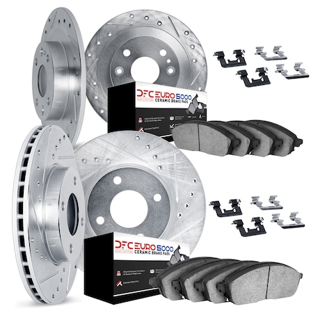 Dynamic Friction Co DFC Rotors-Drilled & Slotted-Silver w/ EURO 5000 Ceramic Brake Pads Incl Hdw 7614-20000