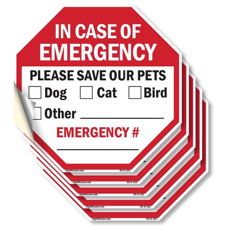 Signmission In Case of Emergency Please Save Ou, 6 inch X 6 inch, Vinyl Decal, 5PK OC-D-5PACK-6-125