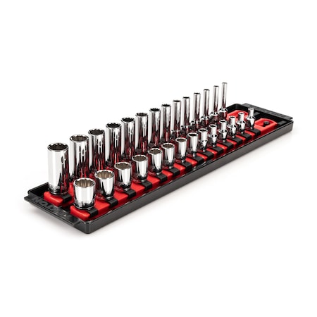Tekton 1/4 Inch Drive 12-Point Socket Set with Rails and Tray, 28-Piece 4-15 mm SHD90214