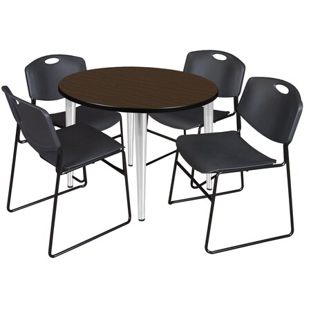 Regency Round Kahlo Breakroom Table W/ 4 Zeng Stack Chairs, 42 in W, 42 in L, Neo Walnut TPL42RNDNWCM44BK