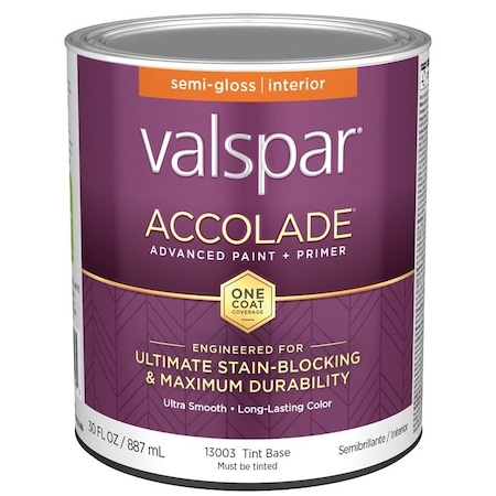 Valspar Accolade 1300 Latex Paint, Acrylic Base, Semi-Gloss, Tint Base, 1 qt, Plastic Can 028.0013003.005