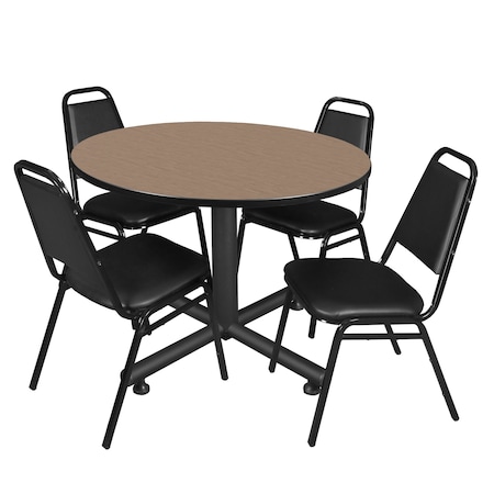 Regency Round Kobe Breakroom Table W/ 4 Restaurant Stack Chairs, 48 in W, 48 in L, Noble Oak TKB48RNDNO29BK